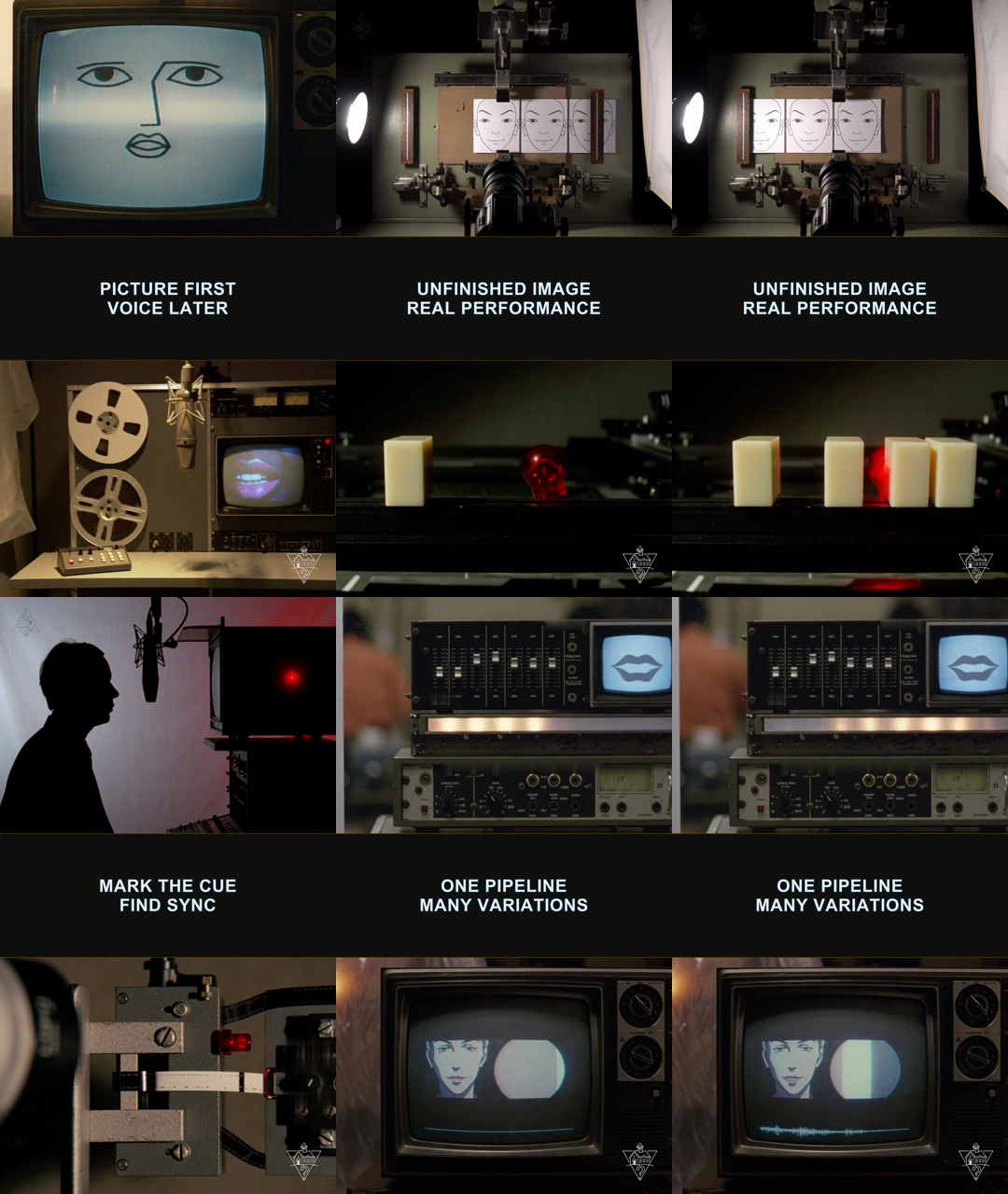 A contact sheet from an episode about anime voice recording