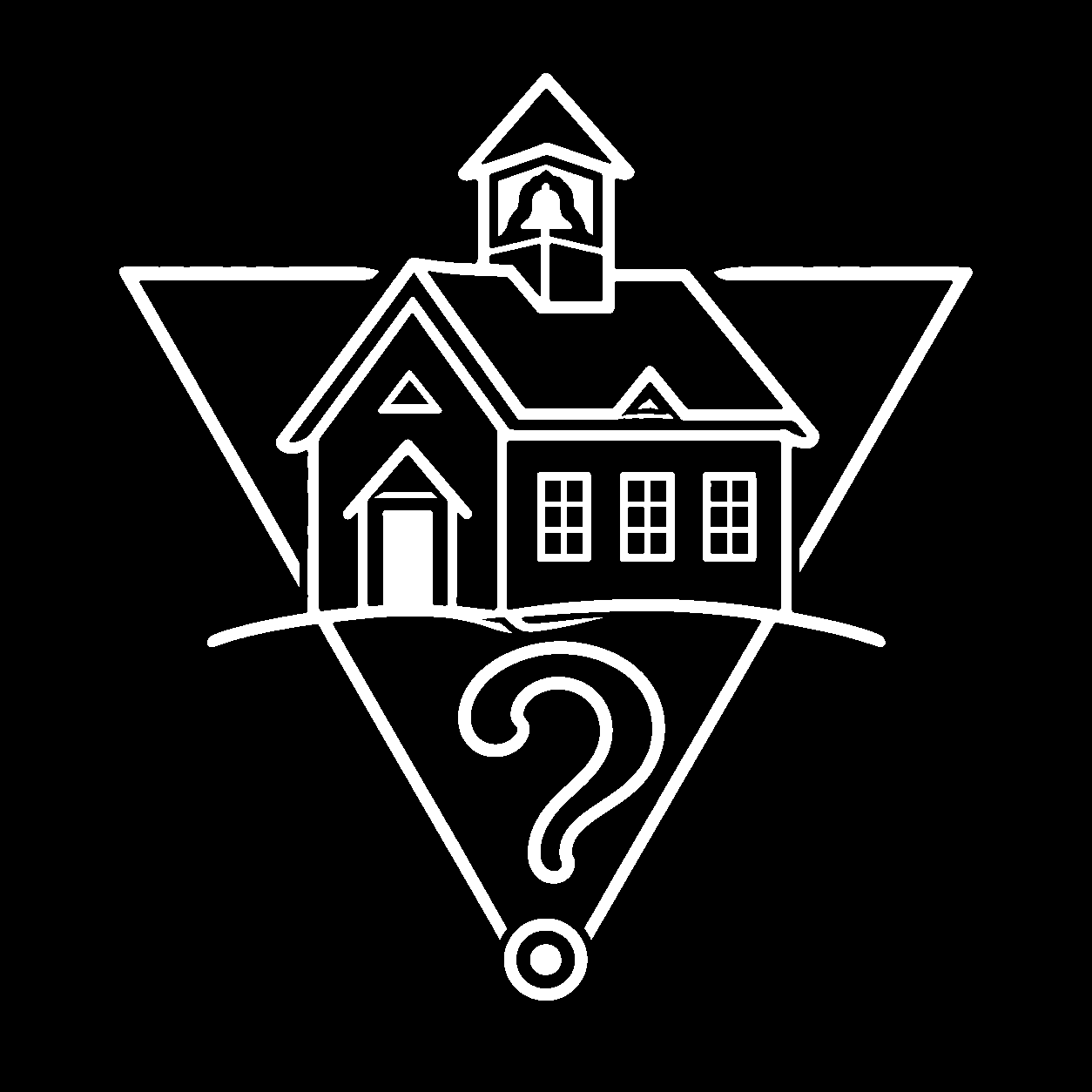 The Mystery School question-mark schoolhouse emblem